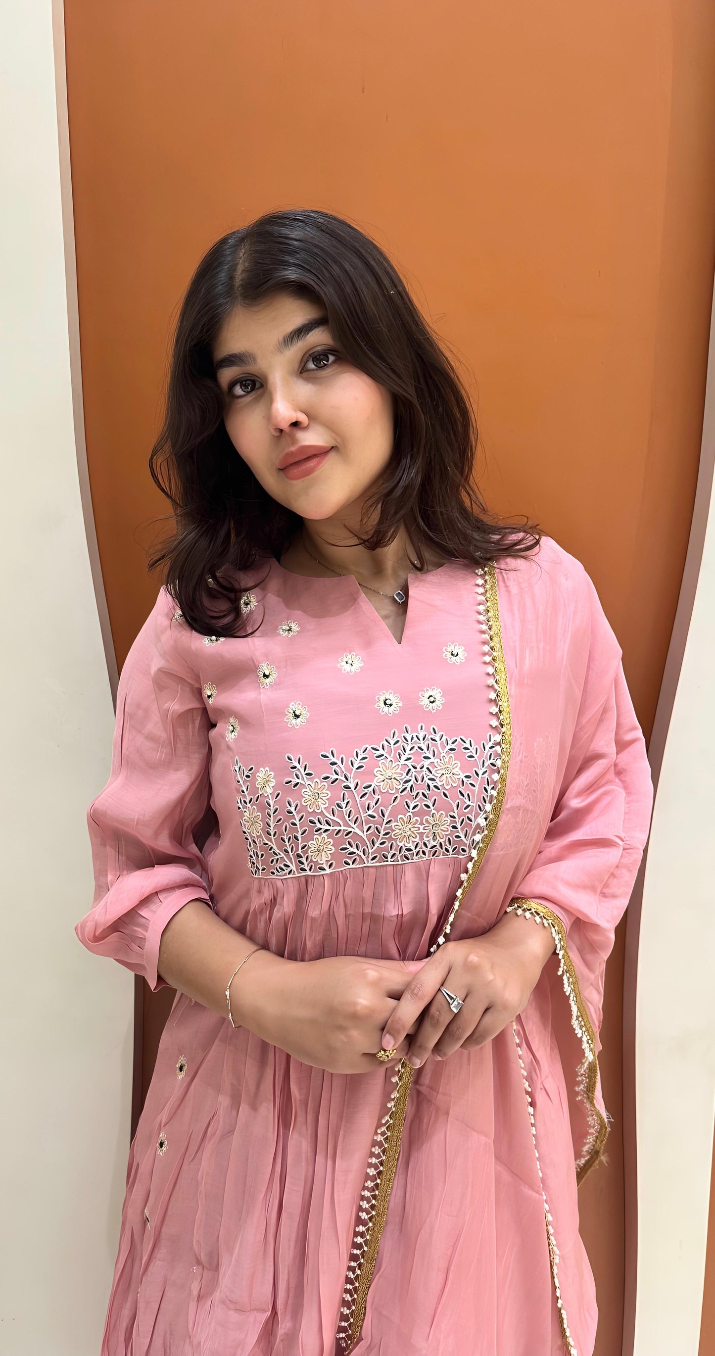 Graceful Mul Chanderi Handwork Dress (Pink)