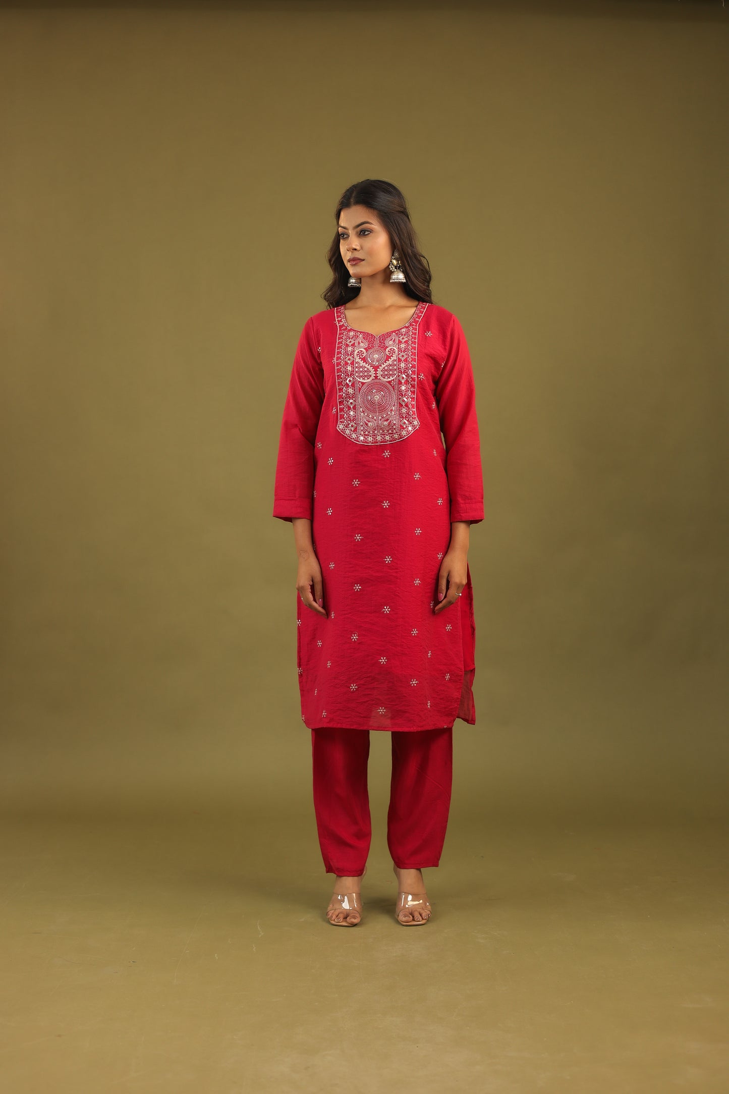 Graceful Radiance – Mul Chanderi Embroidered Suit Set