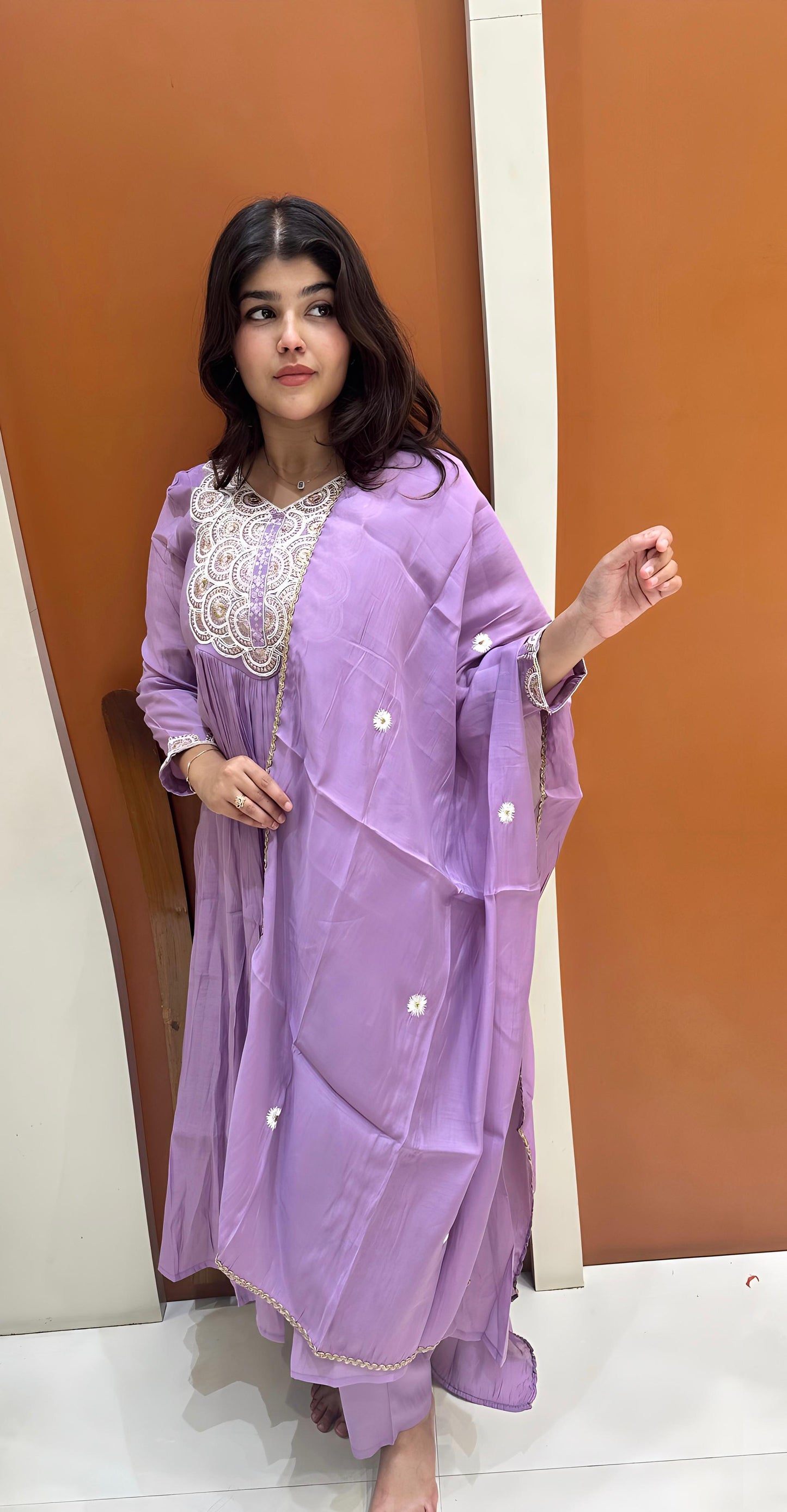 Graceful Mul Chanderi Handwork Dress (Lavender)