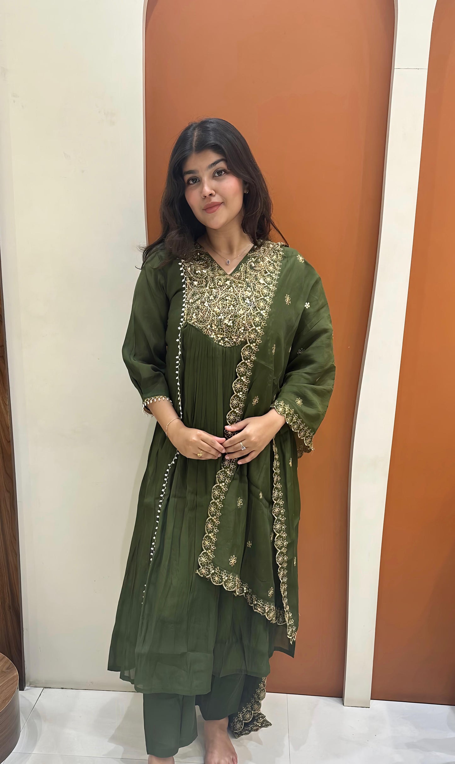 Graceful Mul Chanderi Handwork Dress (Green)