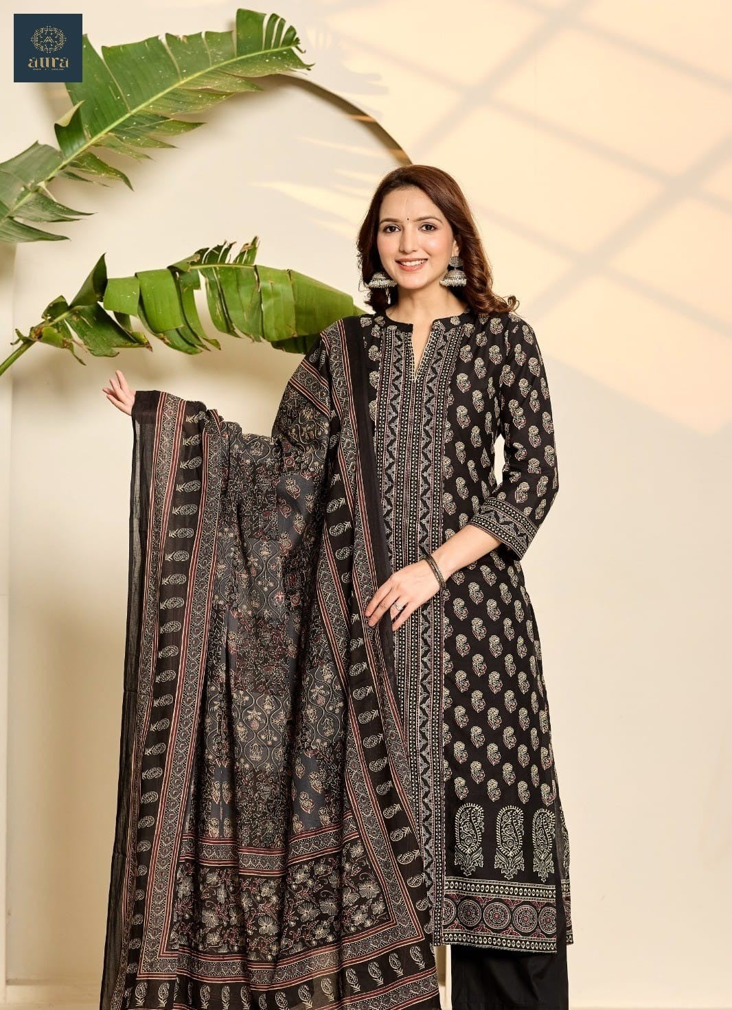 Elegant Pure Cotton Dress with Dupatta & Plazo – Comfortable Ethnic Set Black