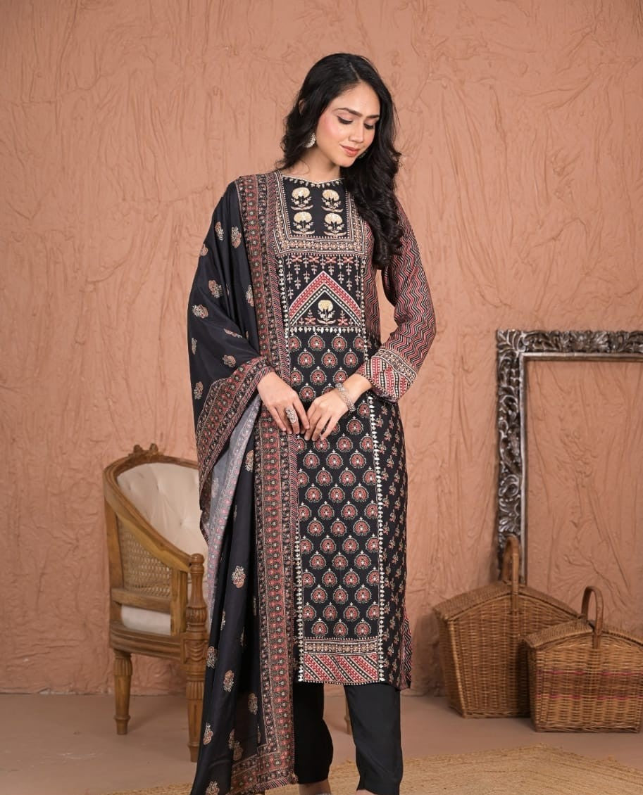 Elegant Pure Muslin Hand-Work Dress with Dupatta Black