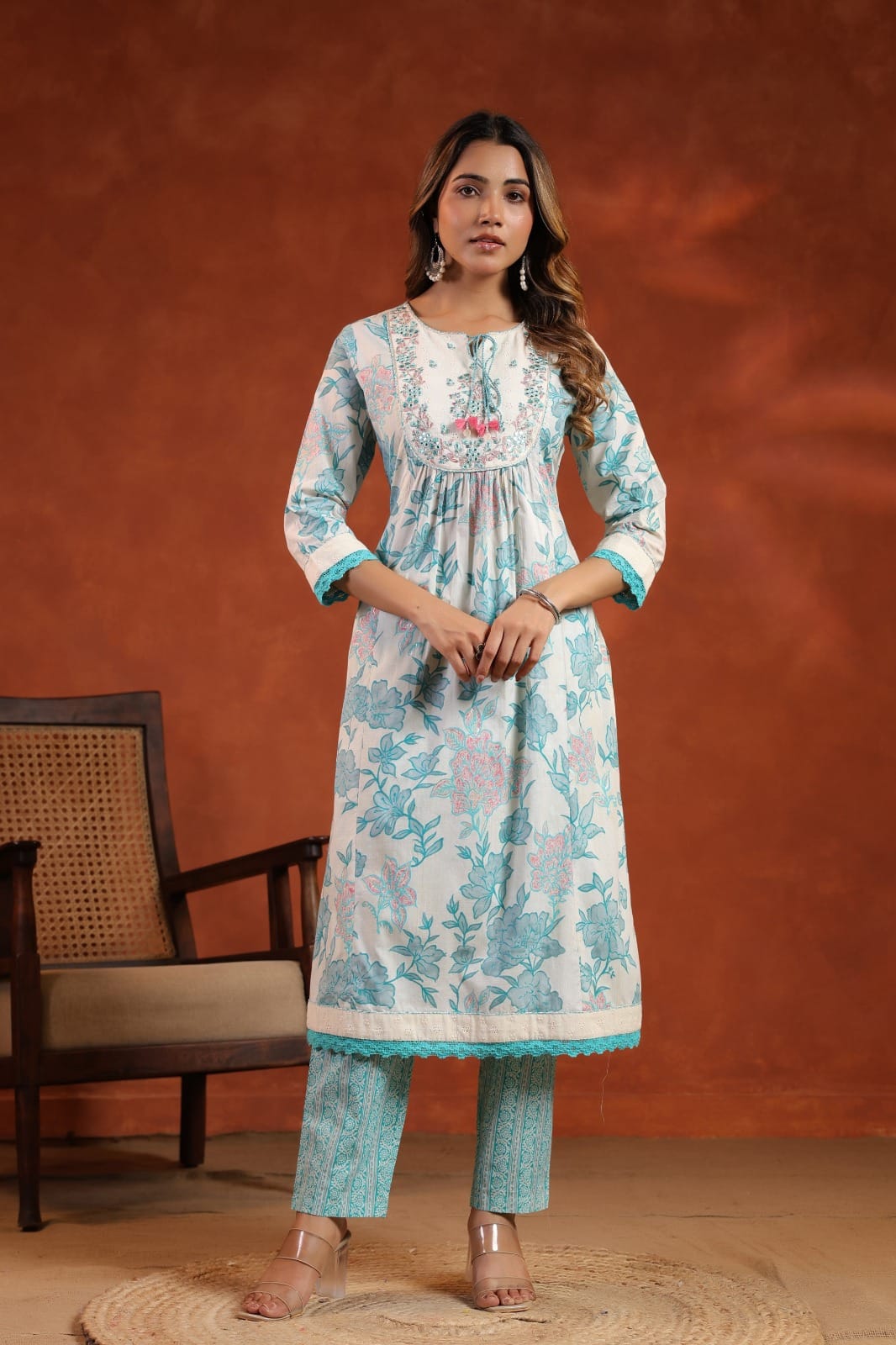 Elegant Pure Cotton Anarkali Dress Set with Dupatta & Pant Blue