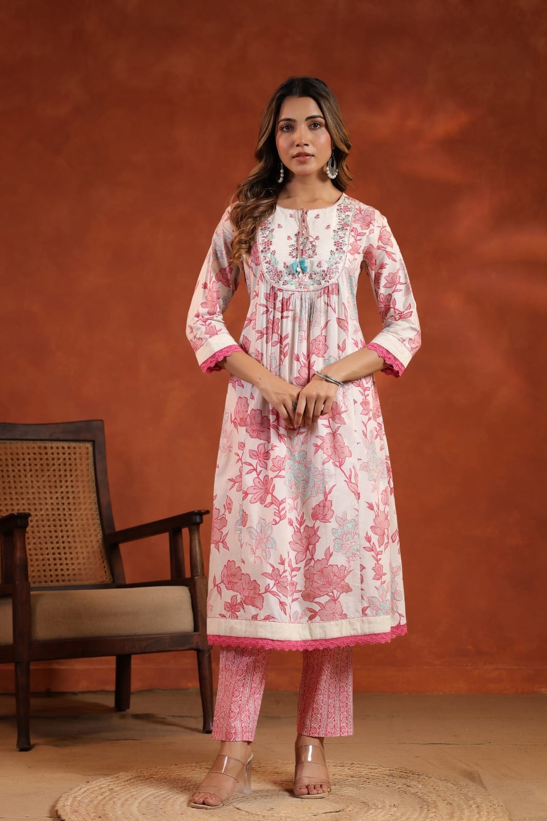Elegant Pure Cotton Anarkali Dress Set with Dupatta & Pant Pink