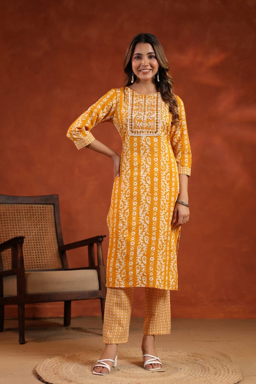 Elegant Pure Cotton Dress Set with Dupatta & Pant โ Breathable & Stylish (Yellow)