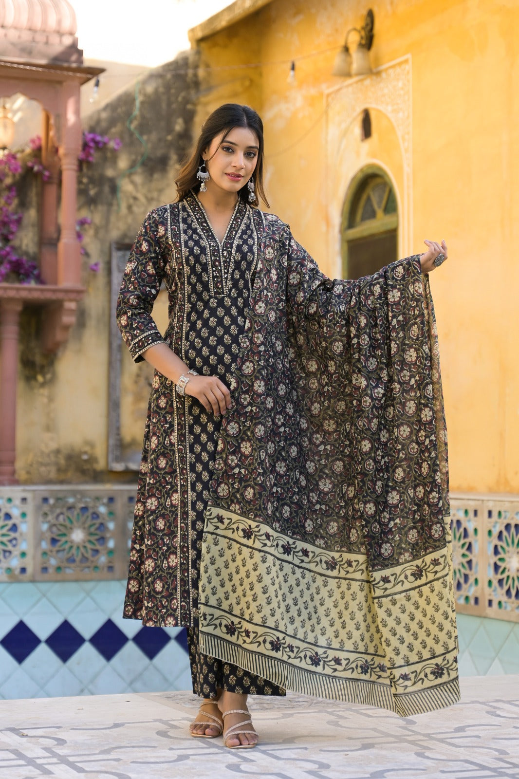 Elegant Pure Cotton Anarkali Dress Set with Dupatta & Pant Black