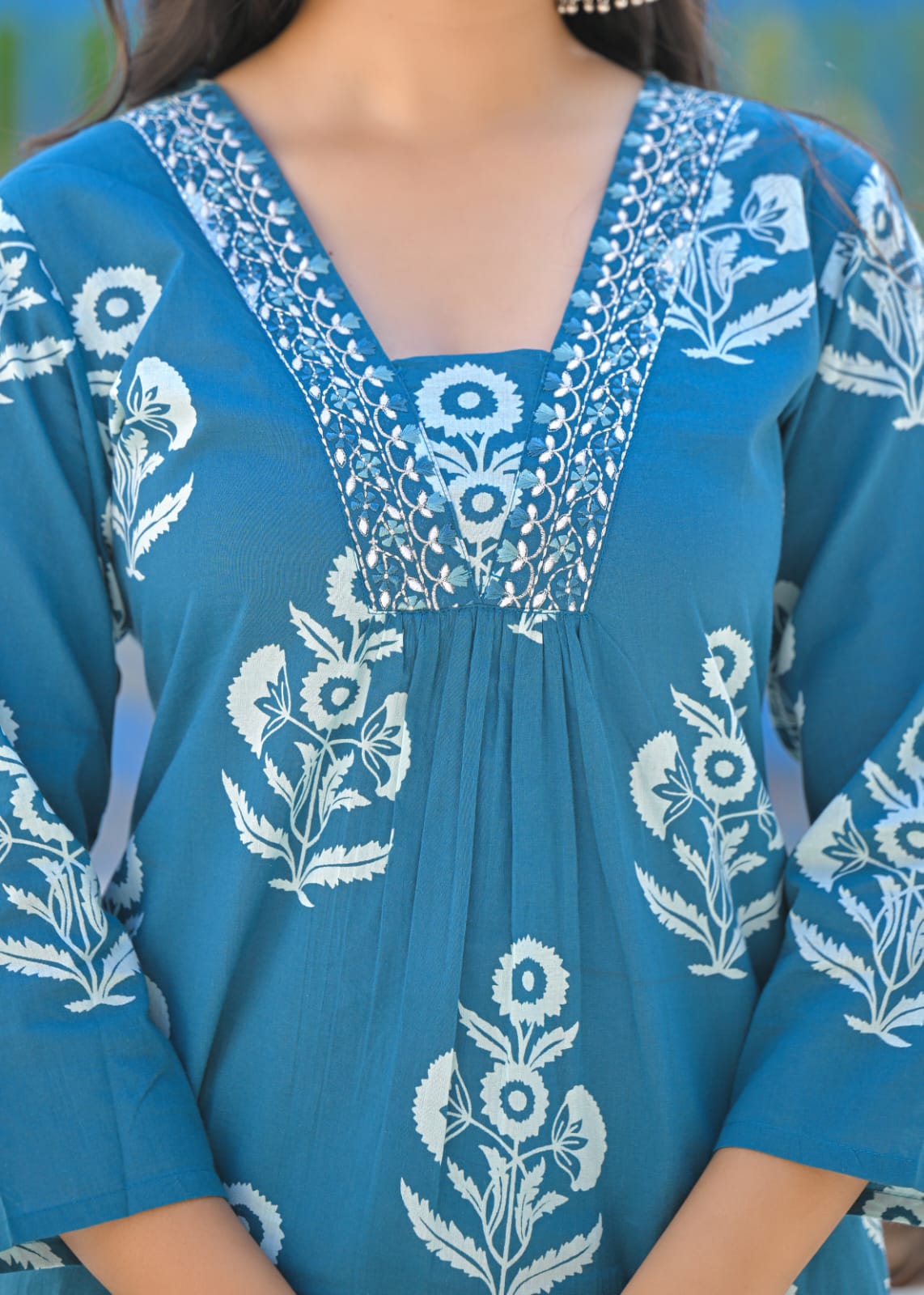 Elegant Pure Cotton Anarkali Dress Set with Dupatta & Pant Blue