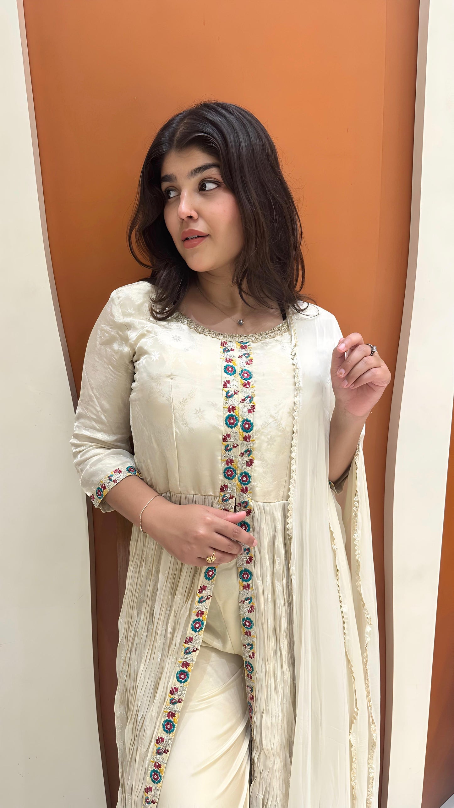 Elegant Tissue Fabric Dress with Hand Embroidered Details (White)