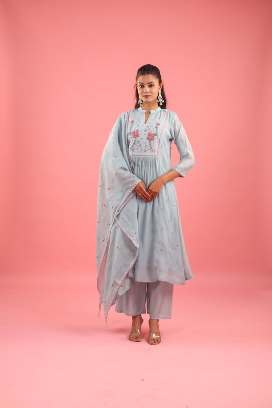 Graceful Radiance – Mul Chanderi Embroidered Suit Set