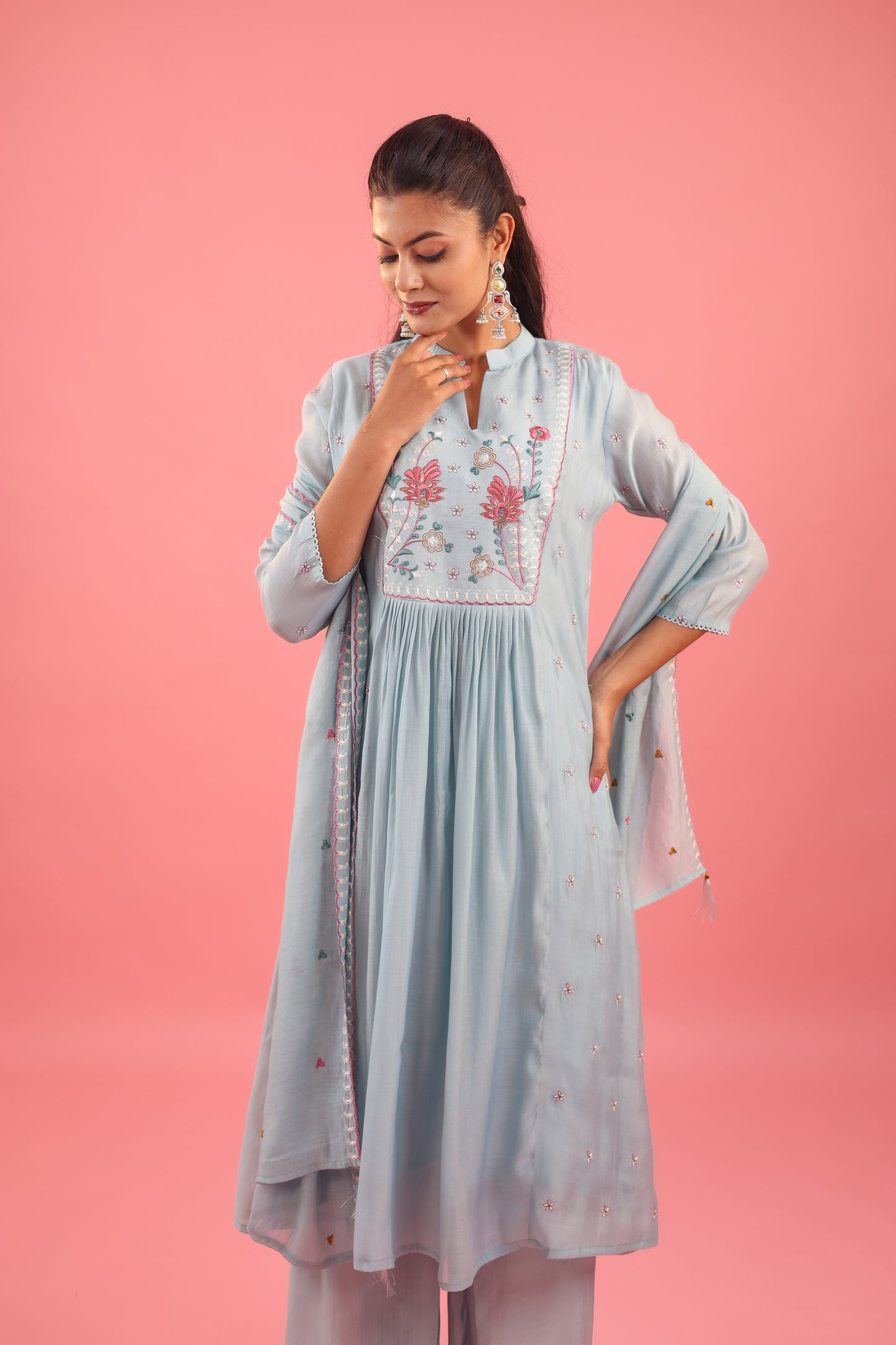 Graceful Radiance – Mul Chanderi Embroidered Suit Set