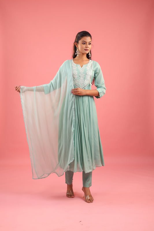Graceful Radiance – Mul Chanderi Embroidered Suit Set