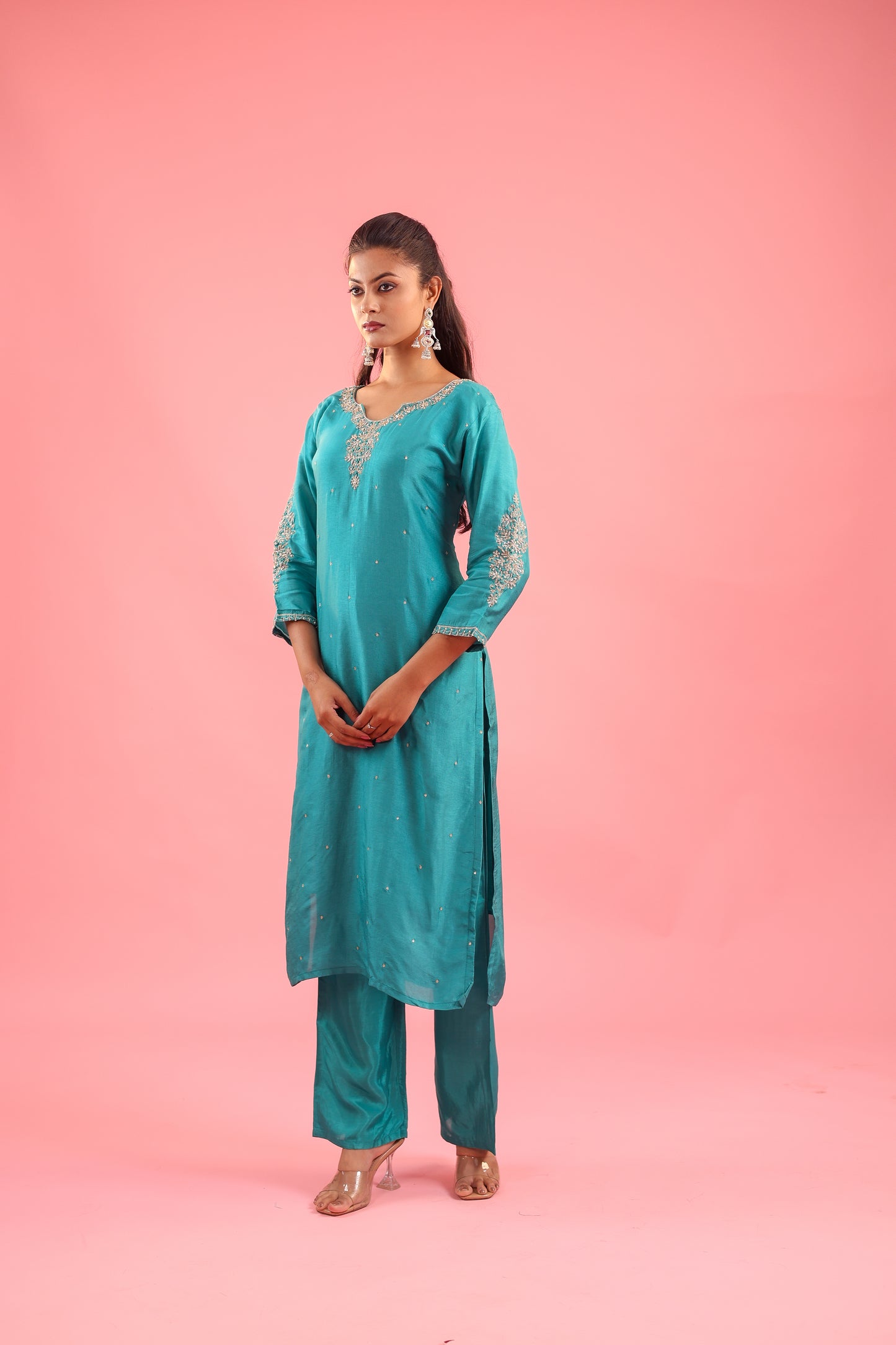 Regal Allure – Embroidered Dola Silk Suit Set for Women