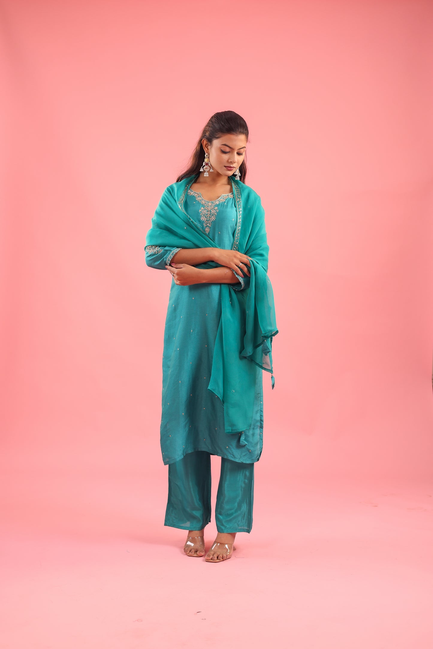 Regal Allure – Embroidered Dola Silk Suit Set for Women
