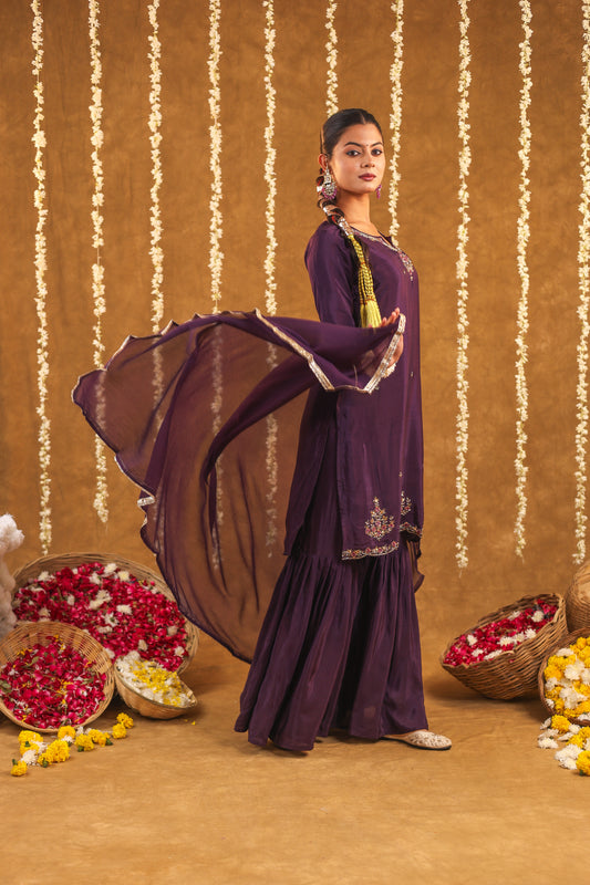 Regal Grace Crepe Silk Embroidered Sharara Set