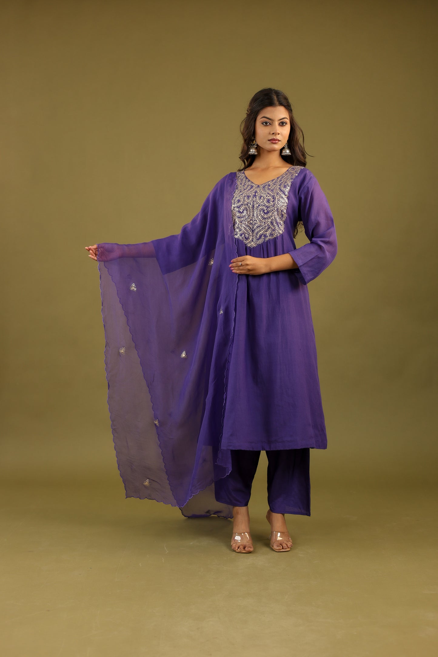 Elegance Bloomed – Hand Embroidered Mul Chanderi Suit Set for Women