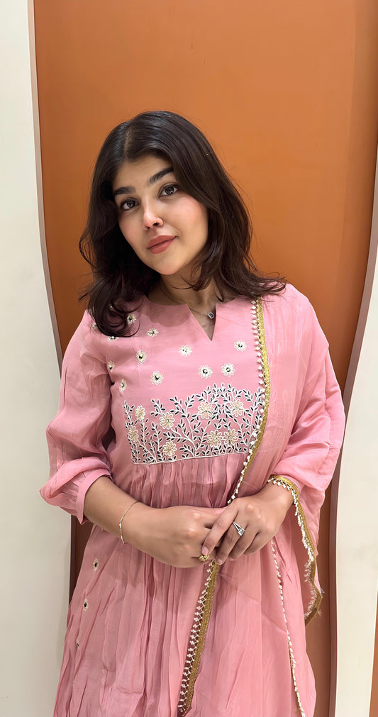 Graceful Mul Chanderi Handwork Dress (Pink)