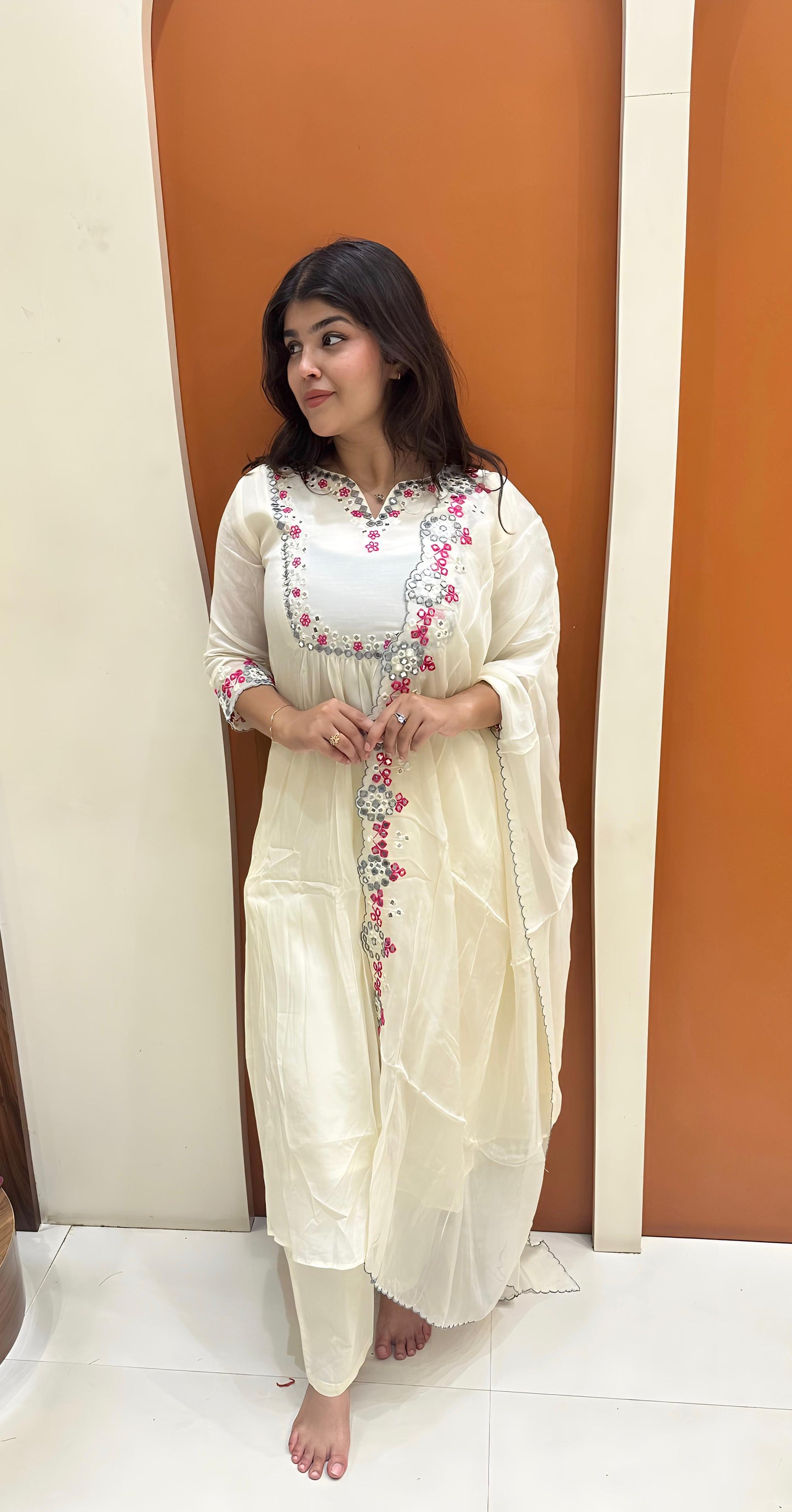 Graceful Mul Chanderi Handwork Dress (White)