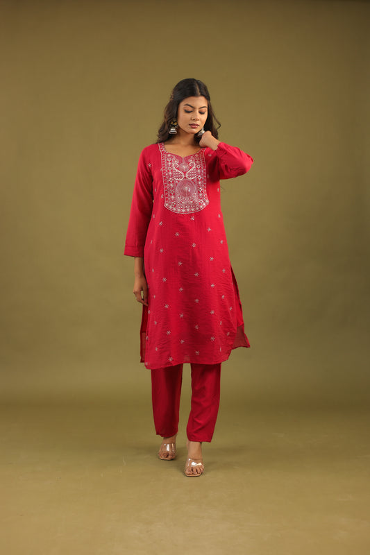 Graceful Radiance – Mul Chanderi Embroidered Suit Set