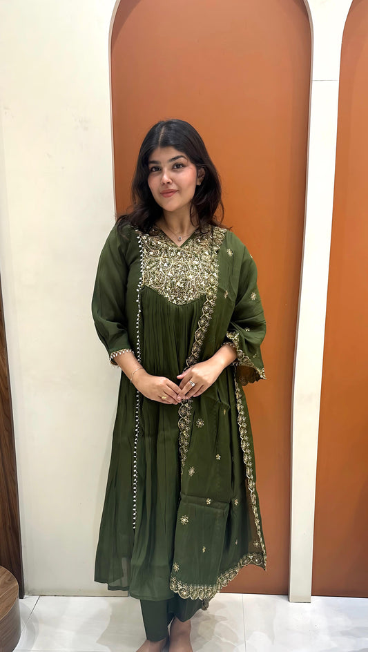 Graceful Mul Chanderi Handwork Dress (Green)