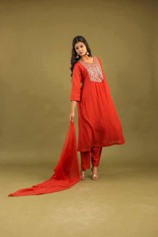 Graceful Radiance – Mul Chanderi Embroidered Suit Set