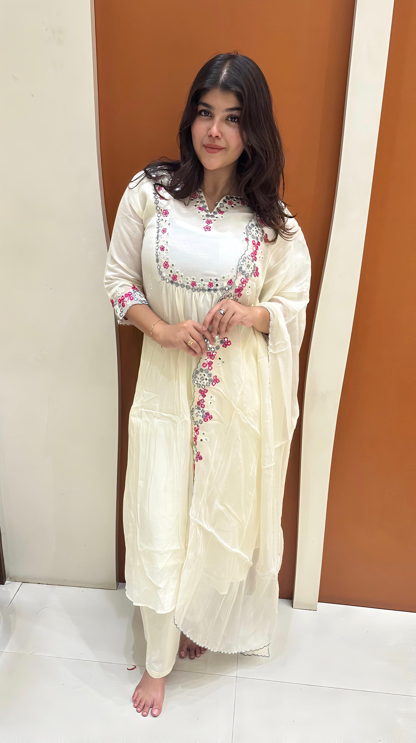 Graceful Mul Chanderi Handwork Dress (White)