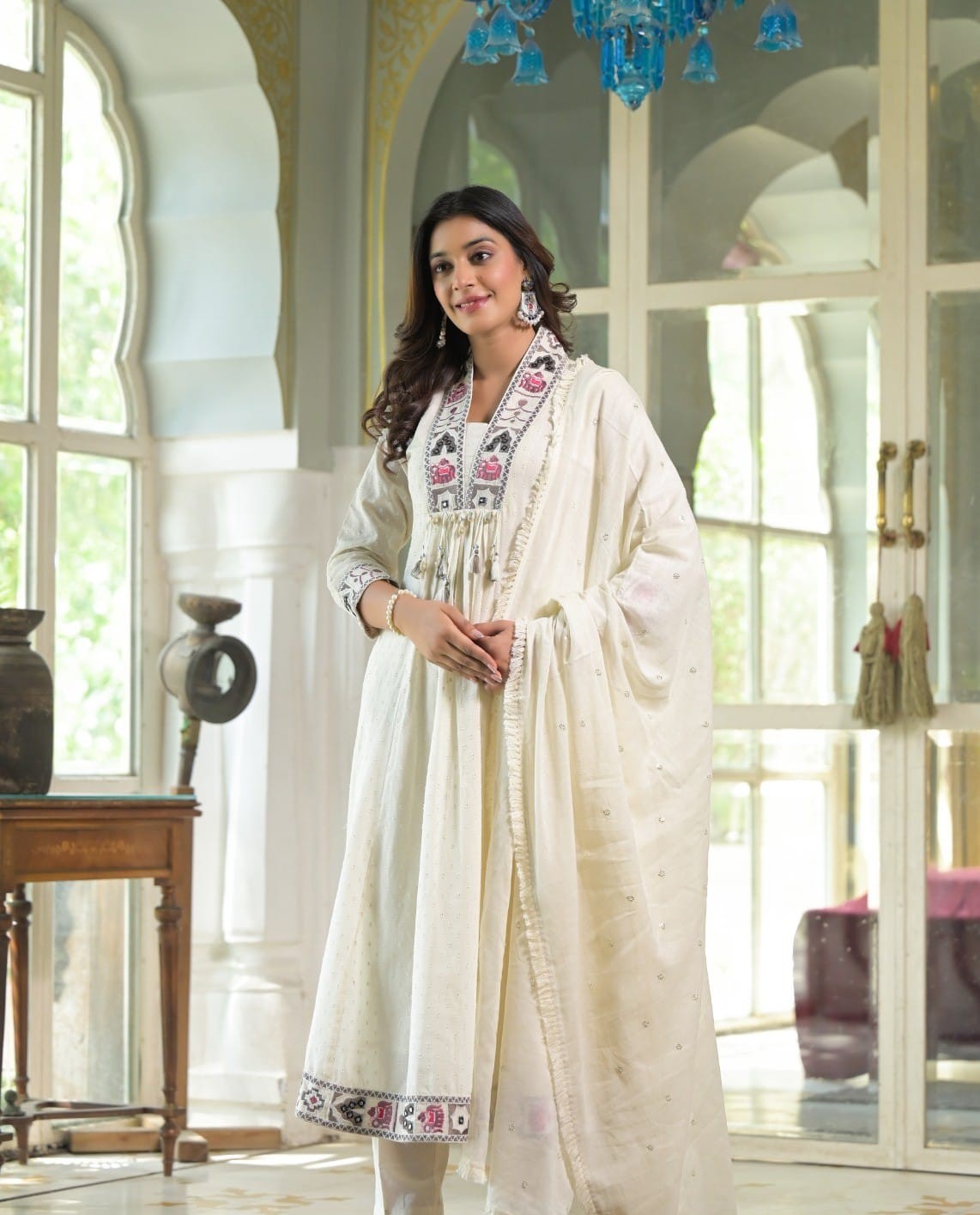 Elegant Pure Cotton Anarkali Dress Set with Dupatta & Pant White
