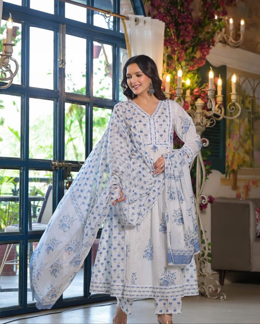 Elegant Pure Cotton Anarkali Dress Set with Dupatta & Pant White