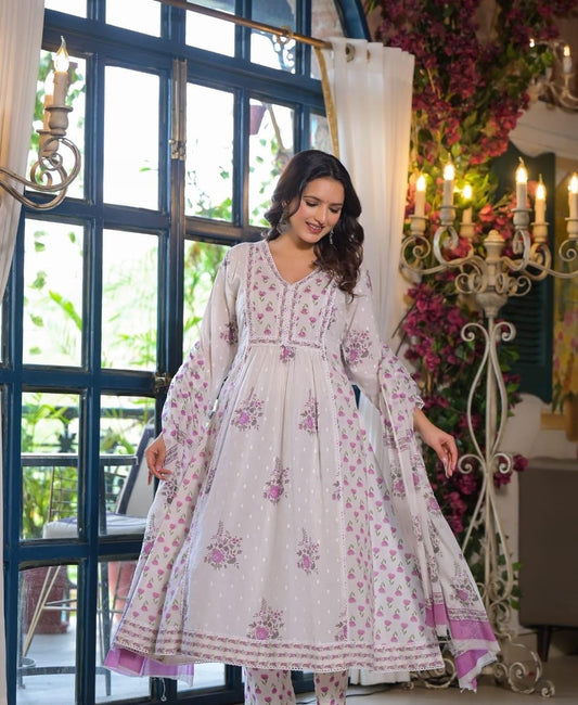 Elegant Pure Cotton Anarkali Dress Set with Dupatta & Pant Purple