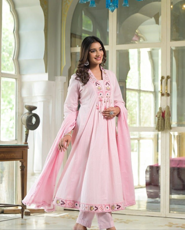 Elegant Pure Cotton Anarkali Dress Set with Dupatta & Pant Pink