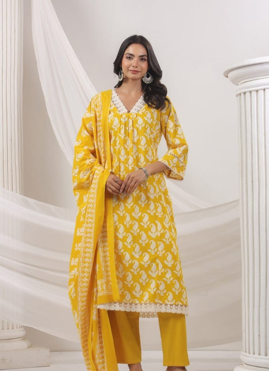 Elegant Pure Cotton Anarkali Dress Set with Dupatta & Pant Yellow