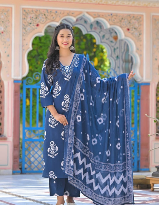 Elegant Pure Cotton Anarkali Dress Set with Dupatta & Pant Blue