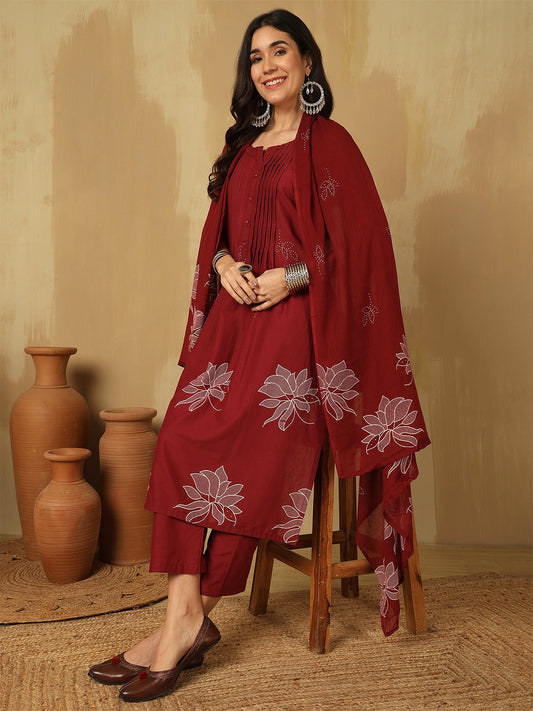Elegant Pure Cotton Anarkali Dress Set with Dupatta & Pant Red