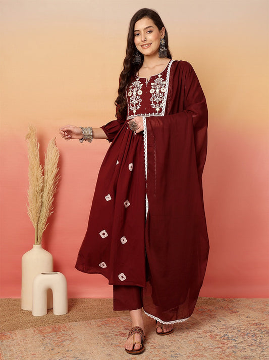 Elegant Pure Cotton Anarkali Dress Set with Dupatta & Pant Red