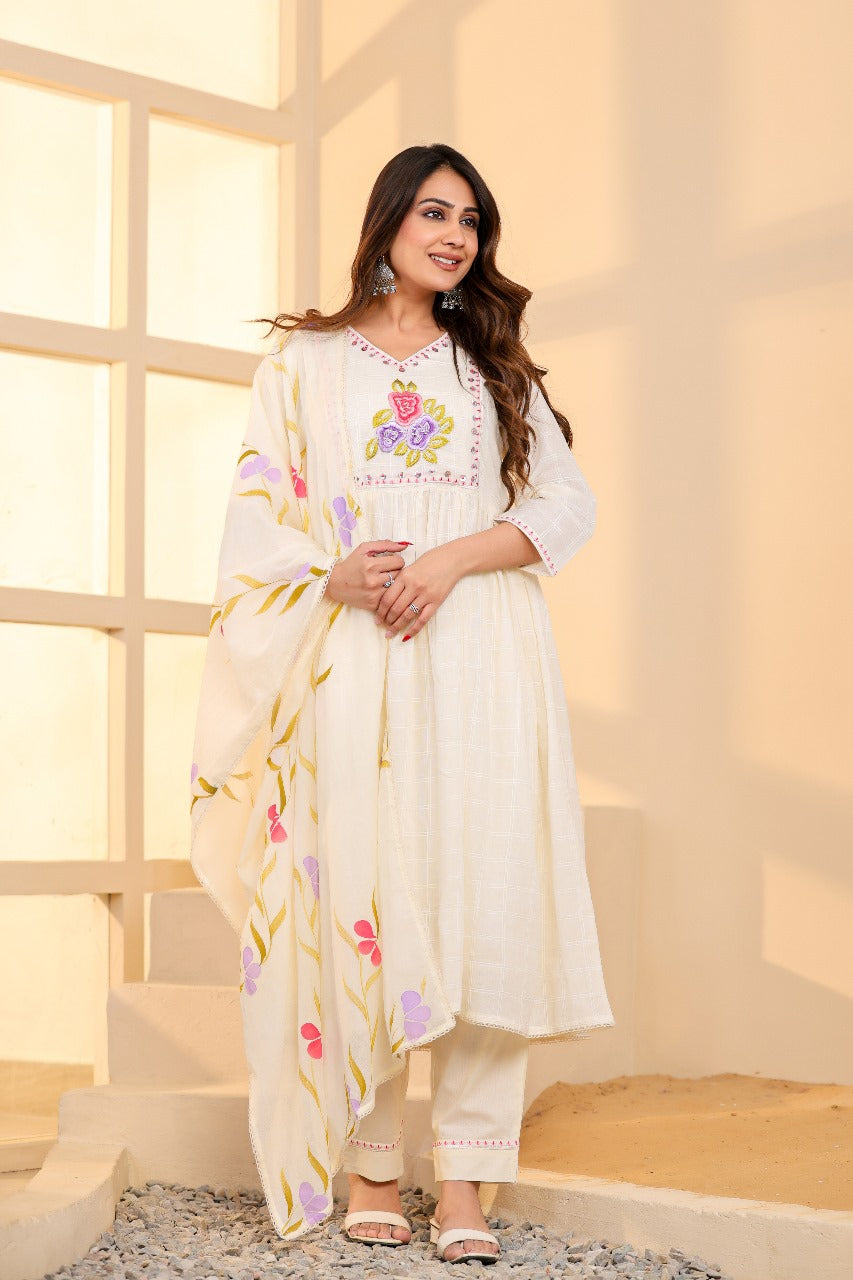 Elegant Pure Cotton Anarkali Dress Set with Dupatta & Pant White
