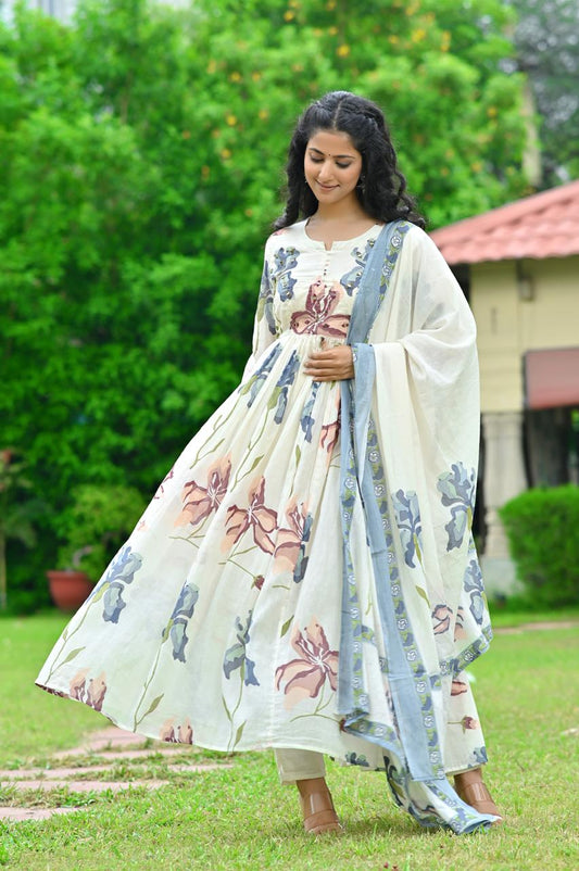 Elegant Pure Cotton Anarkali Dress Set with Dupatta & Pant White