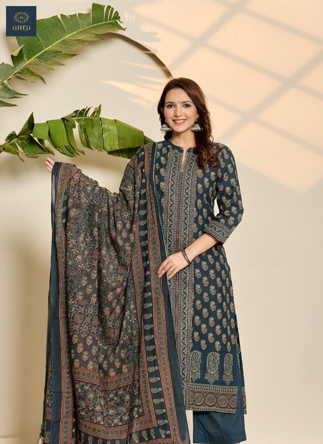 Elegant Pure Cotton Dress with Dupatta & Plazo – Comfortable Ethnic Set Green