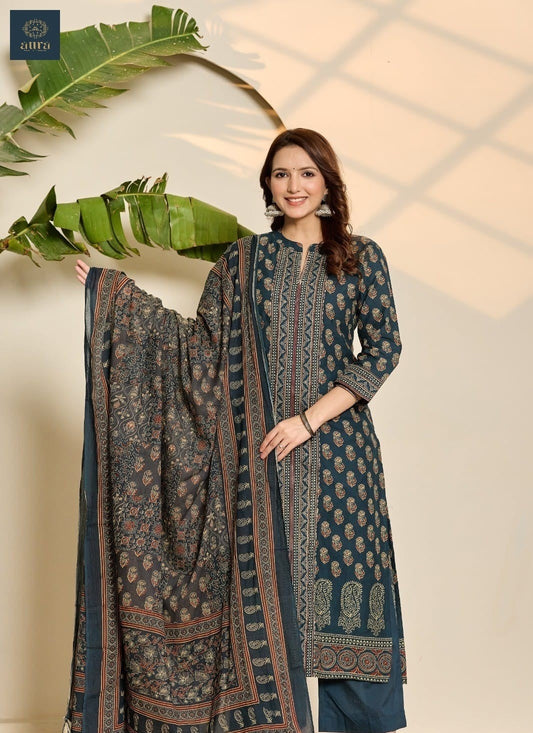 Elegant Pure Cotton Dress with Dupatta & Plazo – Comfortable Ethnic Set Green