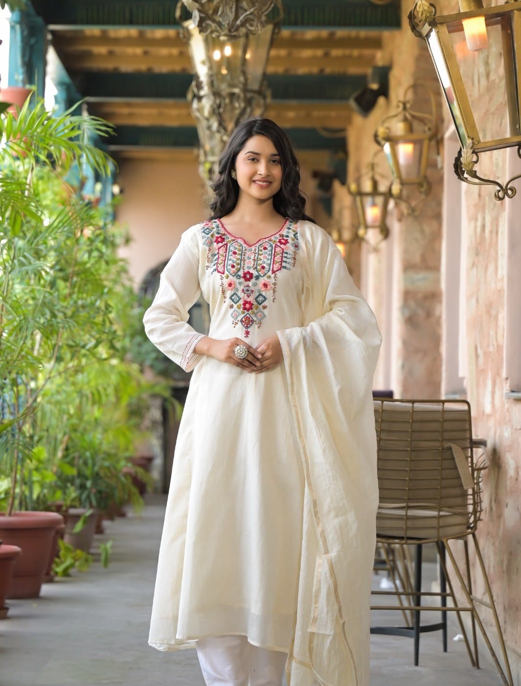 Elegant Pure Cotton Dress Set with Dupatta & Pant – Breathable & Stylish (White)