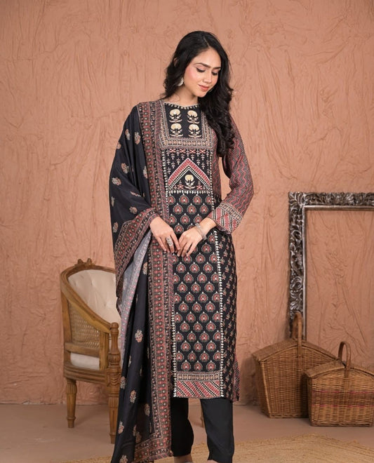 Elegant Pure Muslin Hand-Work Dress with Dupatta Black