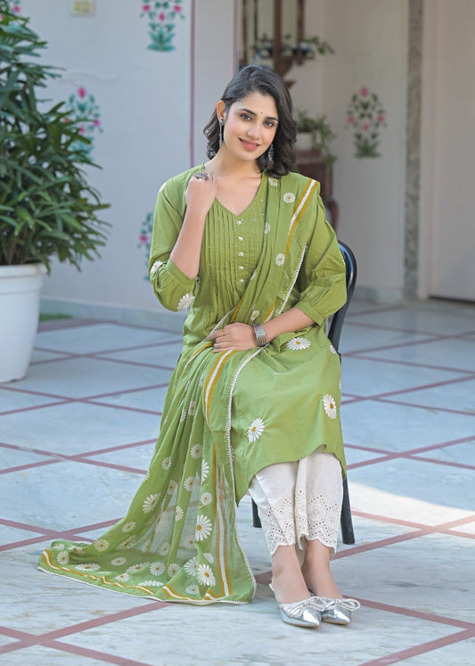 Elegant Pure Cotton Anarkali Dress with Dupatta & Palazzo Set Green