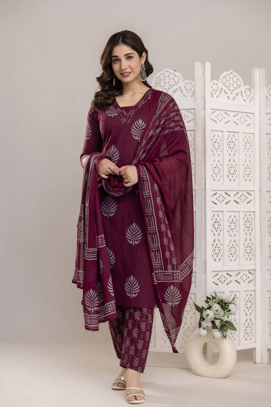 Elegant Pure Cotton Dress Set with Dupatta & Pant – Breathable & Stylish (Red)