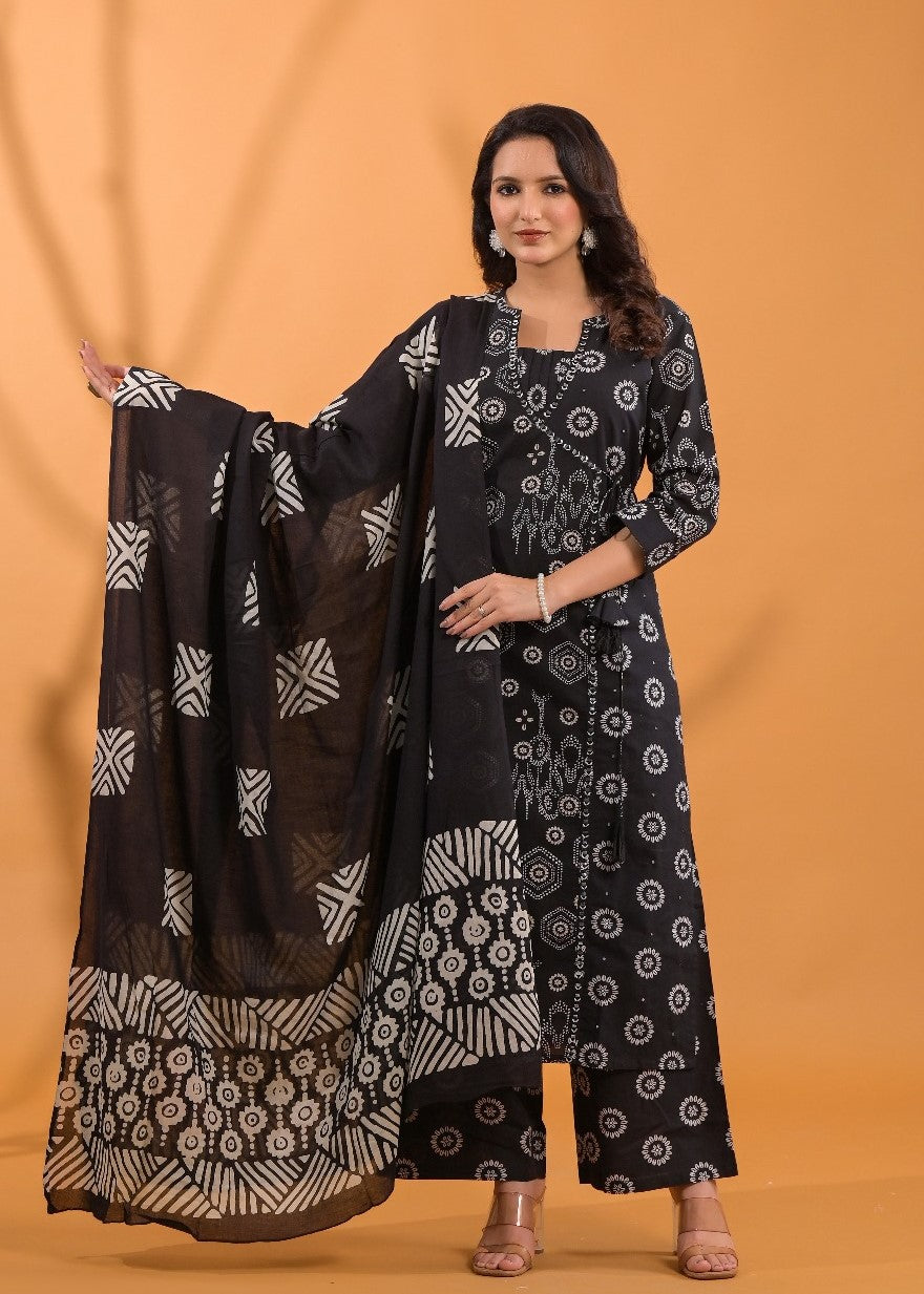 Elegant Pure Cotton Dress Set with Dupatta & Pant – Breathable & Stylish (Black)