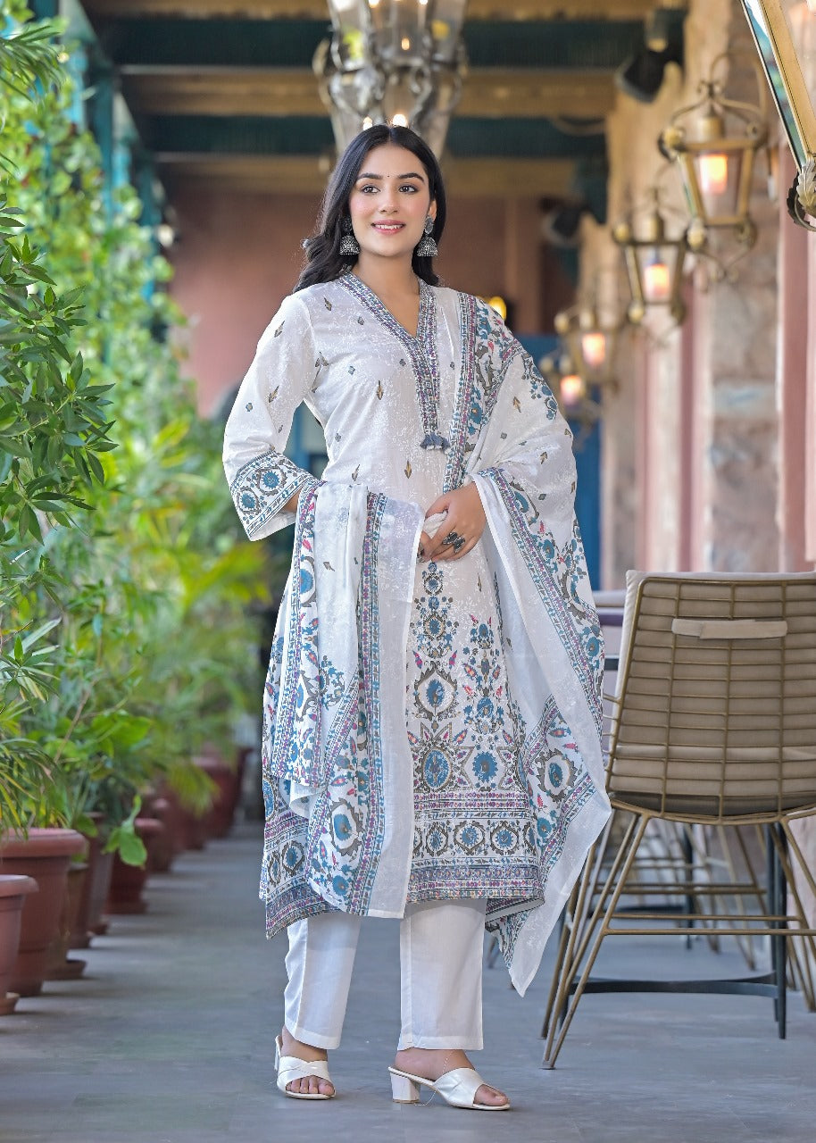 Elegant Pure Cotton Dress Set with Dupatta & Pant – Breathable & Stylish (Blue)