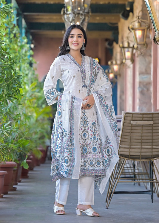 Elegant Pure Cotton Dress Set with Dupatta & Pant – Breathable & Stylish (Blue)