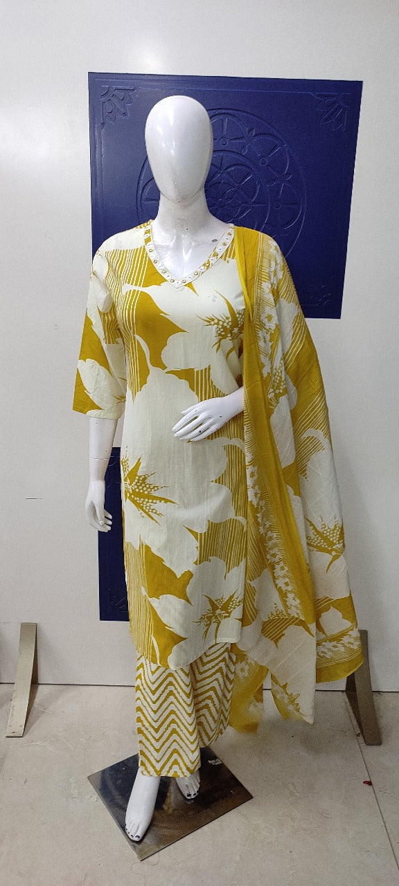 Elegant Pure Cotton Dress Set with Dupatta & Pant – Breathable & Stylish (Yellow)