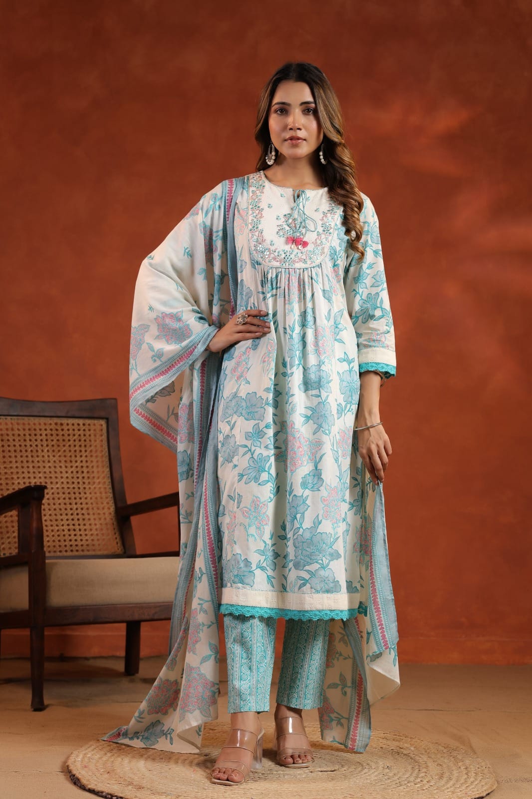Elegant Pure Cotton Anarkali Dress Set with Dupatta & Pant Blue