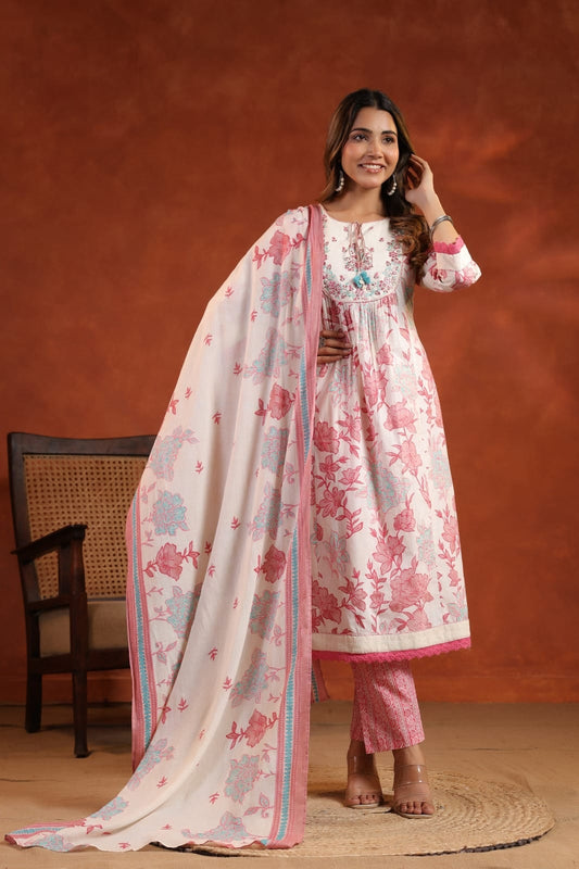 Elegant Pure Cotton Anarkali Dress Set with Dupatta & Pant Pink