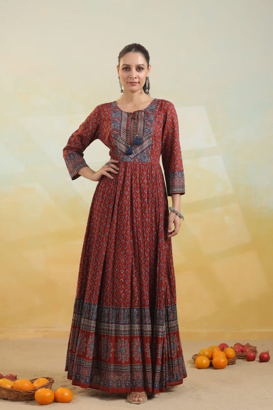 Elegant Full-Length Pure Cotton Anarkali Gown Red