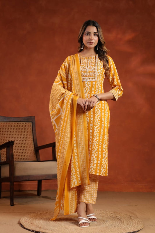 Elegant Pure Cotton Dress Set with Dupatta & Pant – Breathable & Stylish (Yellow)