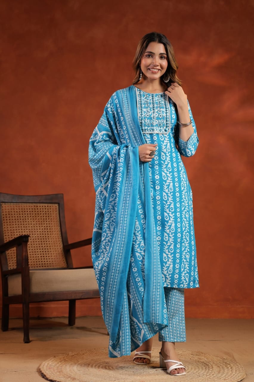 Elegant Pure Cotton Dress Set with Dupatta & Pant – Breathable & Stylish (Blue)